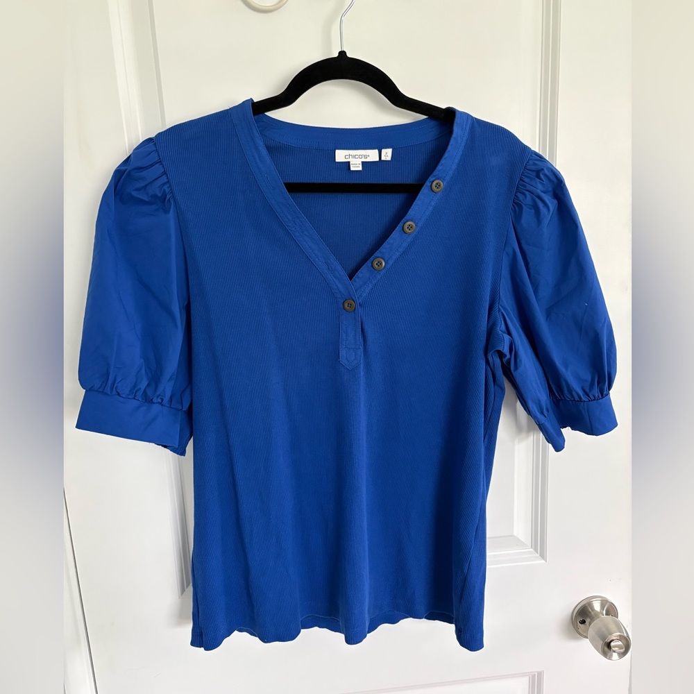 Chico's Royal Blue Button-Accent Blouse Size 2 (L) EUC